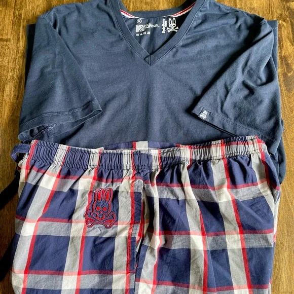 Psycho Bunny Navy & Red PJ Set V-Neck Shirt and Plaid Shorts - Picture 2 of 2